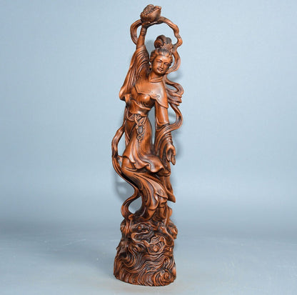 Chinese Wood Carving Beautiful Woman Fairy Boxwood Wooden Statue Vintage Carved