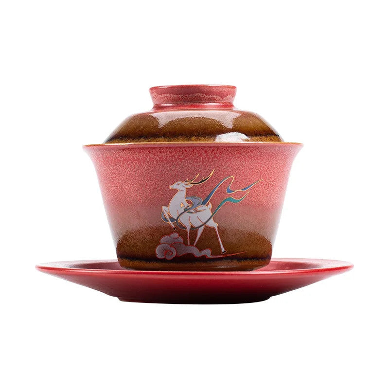 Deer Gaiwan for Tea Ceramic Tureen with Lid Teaware Chinese Red Tea Bowl Chawan