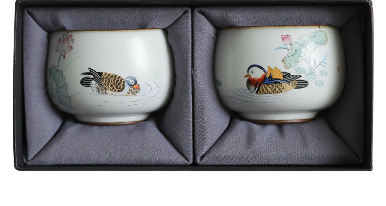 2pcs China Song Dynasty Antique master tea cup ruyao mandarin duck ceramic cup
