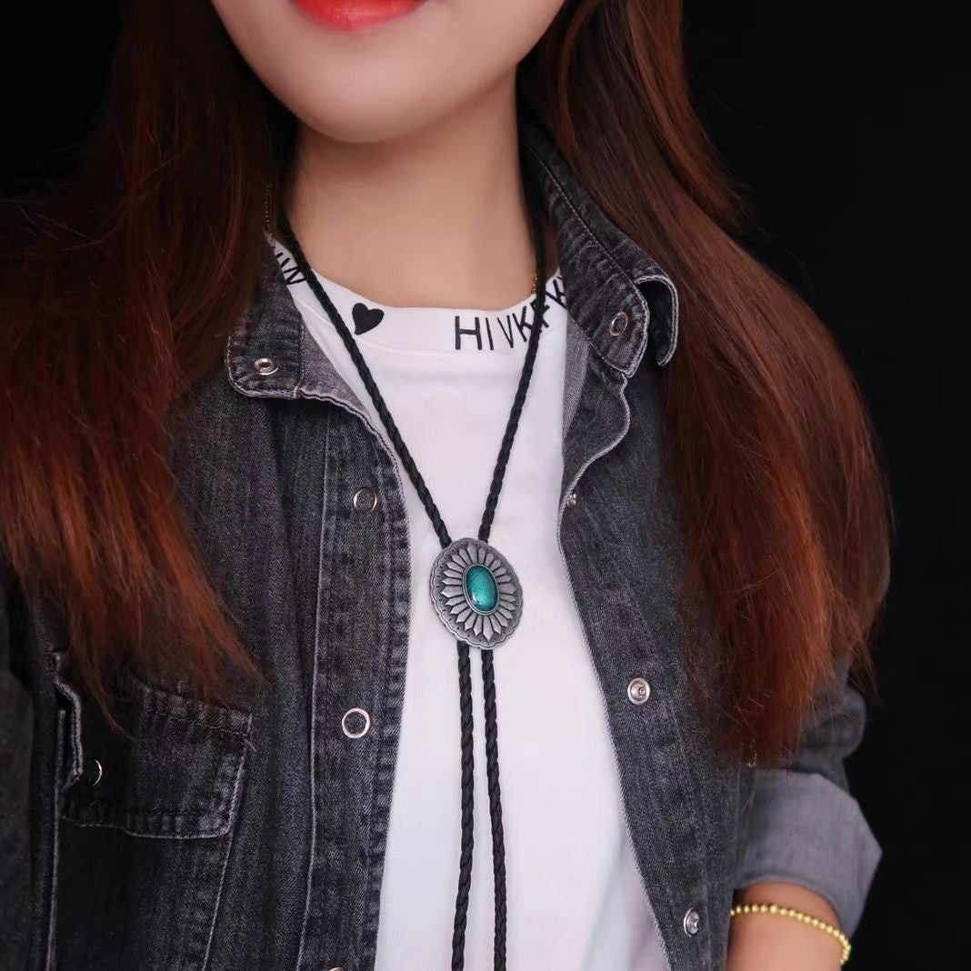 100cm Vintage Bolo Tie Blue Stone Inlay Adjustable Western Cowboy Neck Accessory
