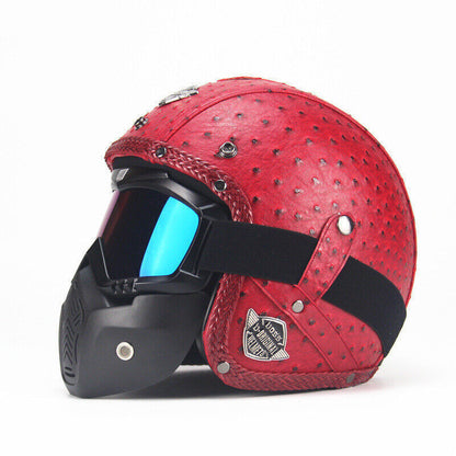DOT Men Leather Motorcycle Half Face Helmet Goggles Mask Detachable Biker Pilot