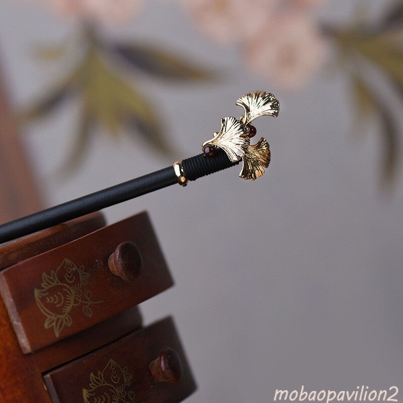 Chinese Ebony Wood Jade Garnet Ginkgo Leaf Hairpin Tibetan Hair Clip