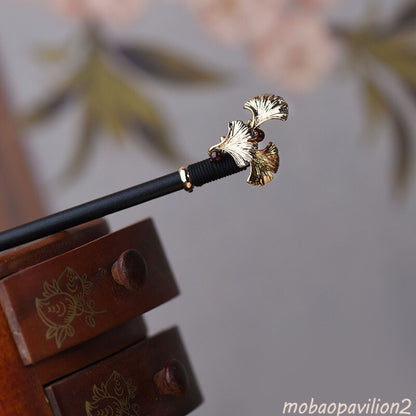 Chinese Ebony Wood Jade Garnet Ginkgo Leaf Hairpin Tibetan Hair Clip
