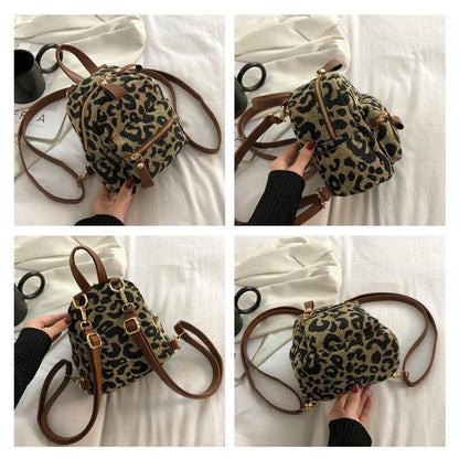 Fashion Backpack Leopard Nylon Shoulder Bag Small School Bag Travel Rucksack 1PC