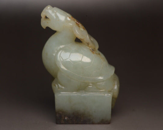 Chinese Antique Hetian Jade Carved Dragon Turtle Seal Statue Figurines Nice Art