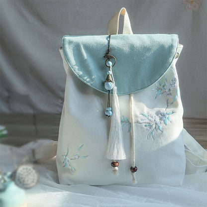 Canvas Embroidered Flower Backpack Tassel Casual Bundle Girls Mouth Bag Womens