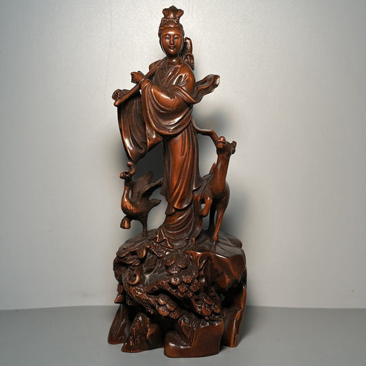 Chinese Vintage Boxwood Carved Deer Crane Pretty Woman Statue Wood Sculpture Art