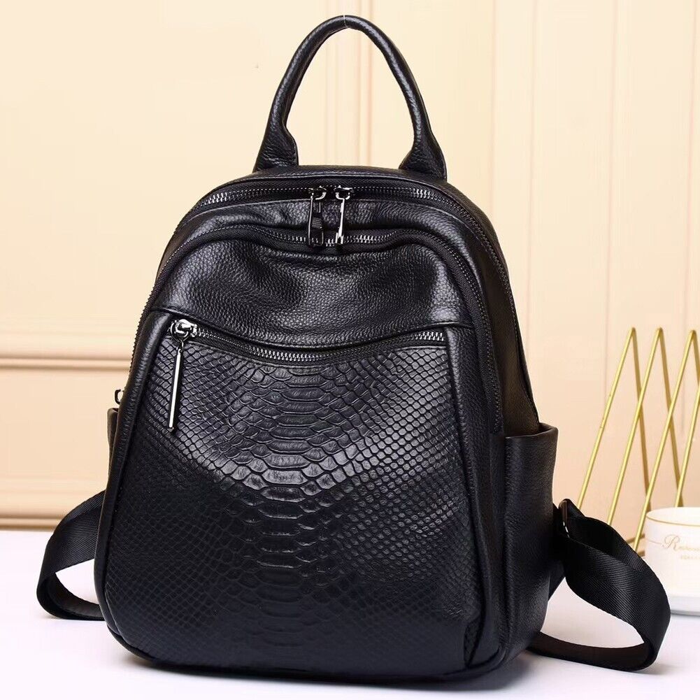 Top Cow Leather Black Women's bag, Crocodile Print Leather Backpack Travel Bags