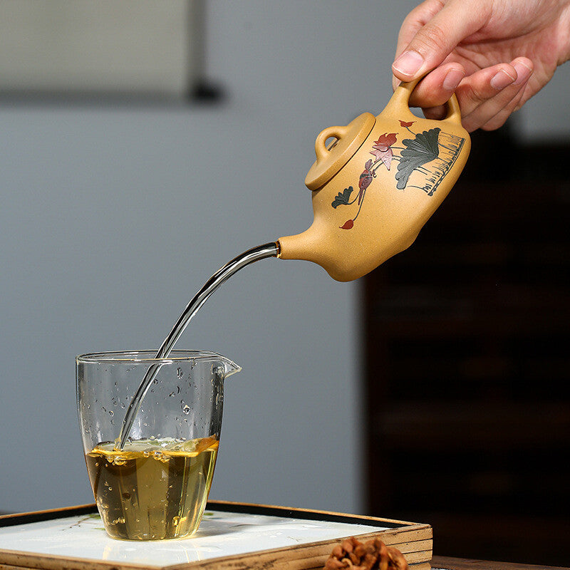 5" Chinese Yixing Zisha Pottery Gold Section Clay 200ML Lotus Flower Teapot 子冶石瓢