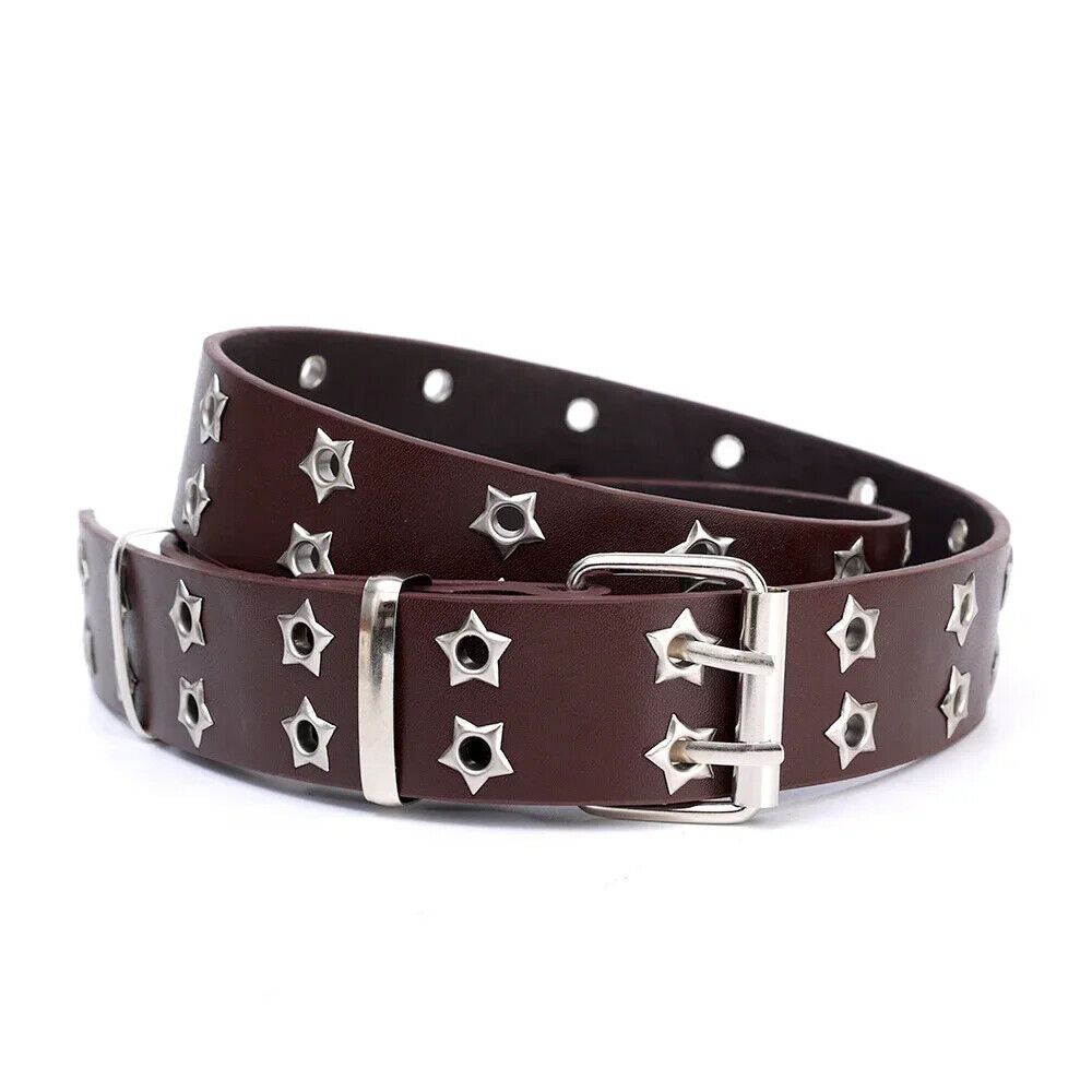 Women Belt Pu Leather Star Eye Rivet Punk Hollow Double Pin Buckle Men Waistband