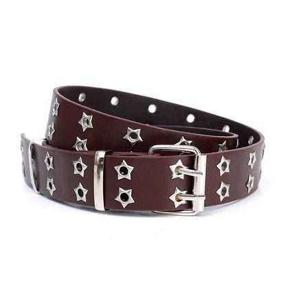 Women Belt Pu Leather Star Eye Rivet Punk Hollow Double Pin Buckle Men Waistband