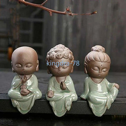 3pcs Chinese Little Monk Buddha Statue Boutique Purple Sand Tea Pet Home Decor