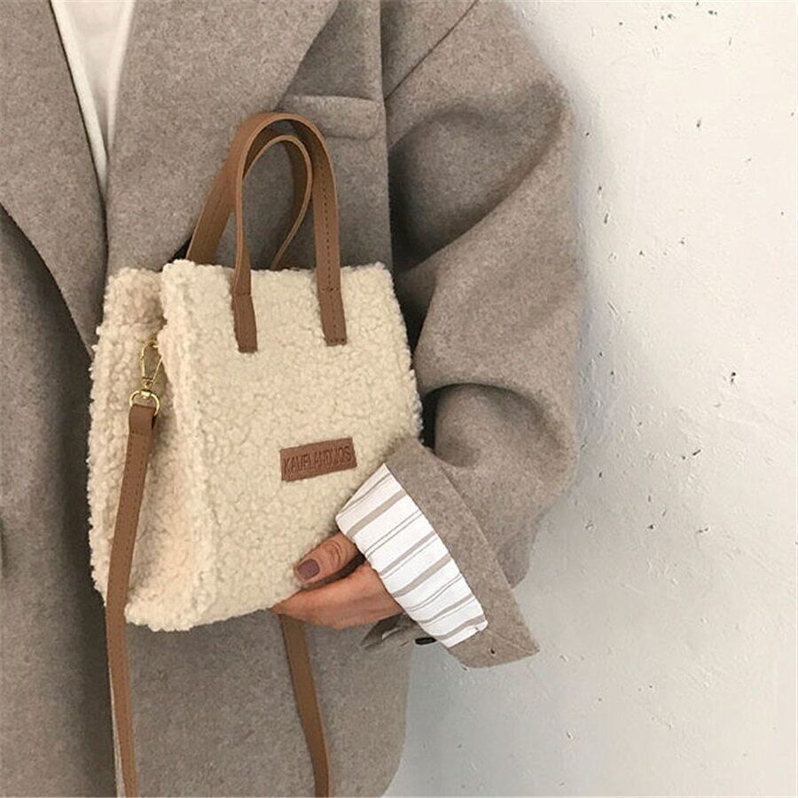 Women Winter Shoulder Bag Lamb Wool Autumn Cross-body Beige Khaki Girls