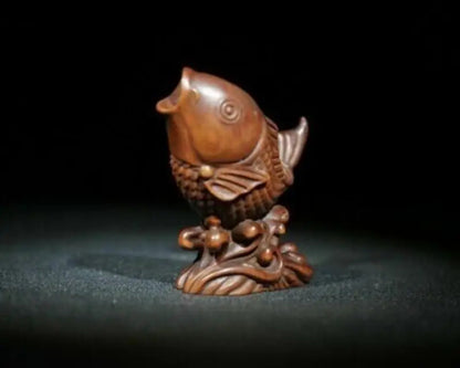Boxwood Hand Carved Fish Figure Statue Collectable Figurines