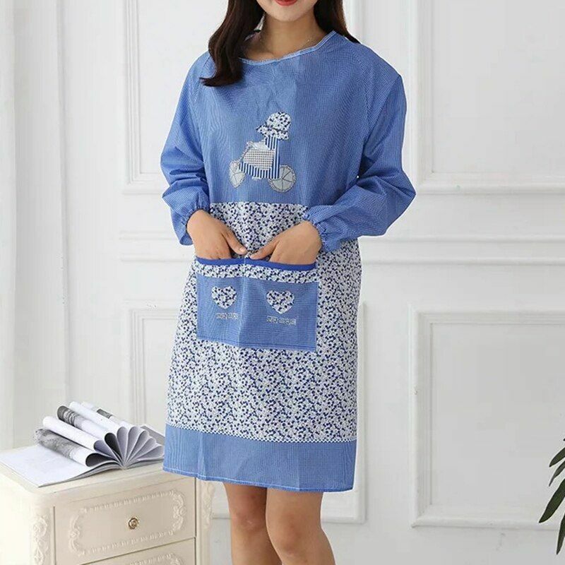 Women Kitchen Apron Long Sleeve Cooking Baking Workwear Bib Polyester 68x46x30cm