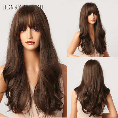 Long Wavy Wigs with Bangs Cosplay Party Synthetic Hair Wigs for Black Women
