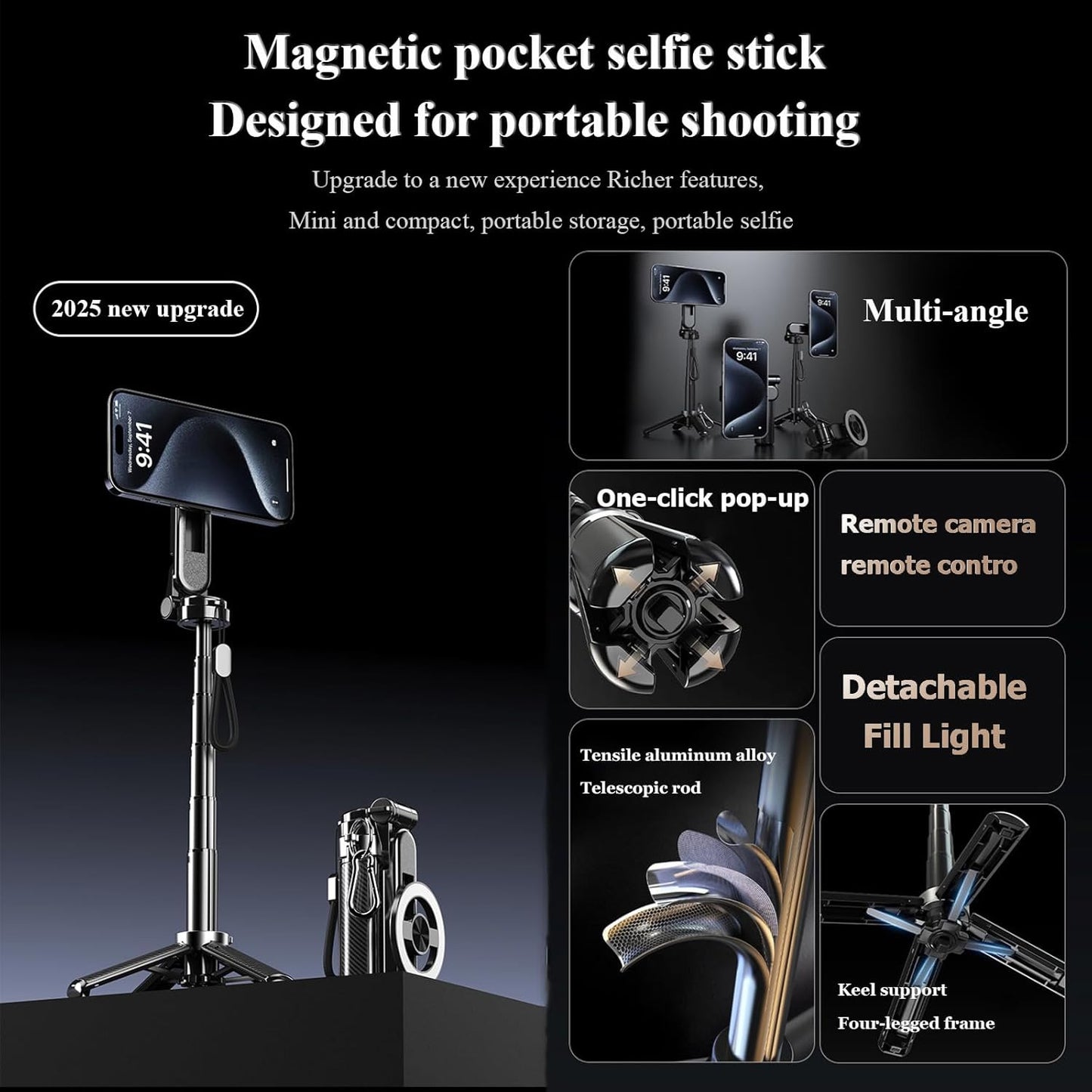 4 in 1 Multifunctional Magnetic Selfie Stick,Magsafes Tripod Stand for Iphone,36