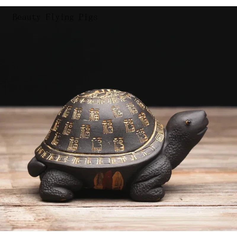 9.5cm Yixing Purple Clay Tea Pet Turtle Ornament Hand-carved Desktop Crafts