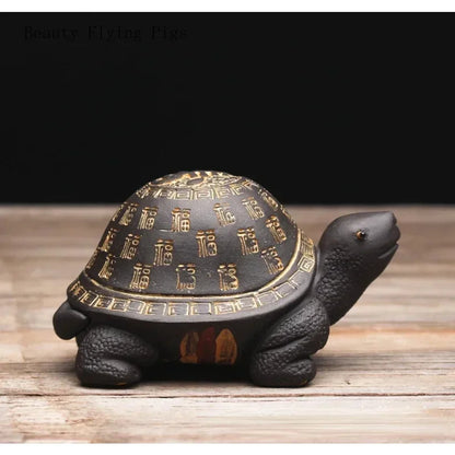 9.5cm Yixing Purple Clay Tea Pet Turtle Ornament Hand-carved Desktop Crafts