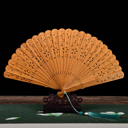 Green Sandalwood Suzhou Fan Hollow Cherry Blossom Folding Fan with Stand