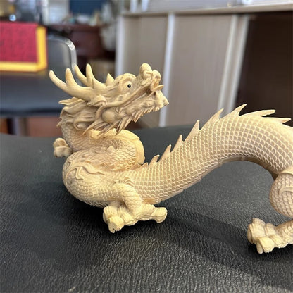 Natural Boxwood Carved Dragon Statue Beast Feng Shui Home Office Decor