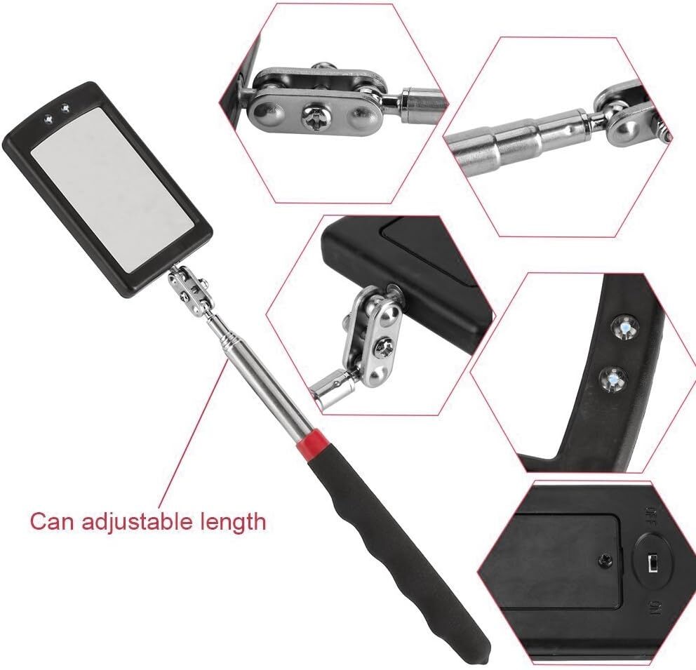Inspection Mirror LED Lighted Mechanic Telescoping illuminate Swivel Extendable