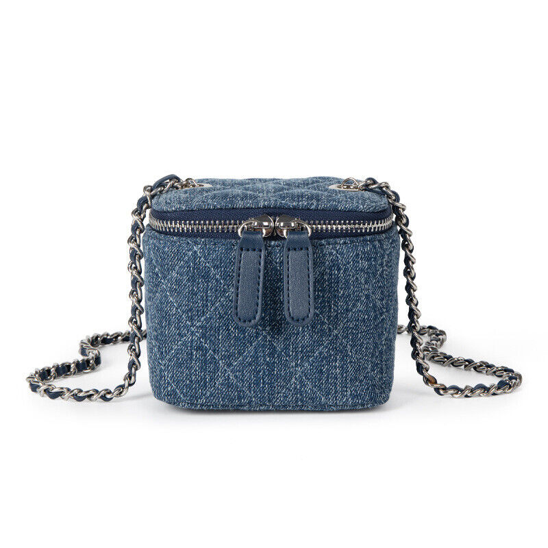Mini Quilted Denim Shoulder Bag Vanity Case Purse Box Clutch Crossbody w/ Chain
