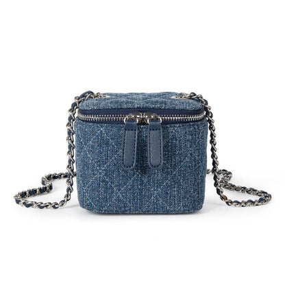 Mini Quilted Denim Shoulder Bag Vanity Case Purse Box Clutch Crossbody w/ Chain