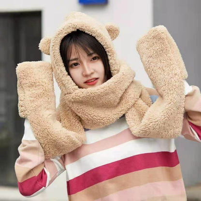 Cute Bear Ears Hat Scarf Gloves Set Balaclava Winter Bandana Velvet Fleece 225CM