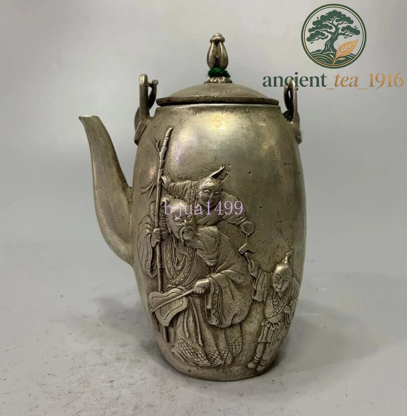 China White Copper Archaize Longevity Buddha Teapot Crafts Statue