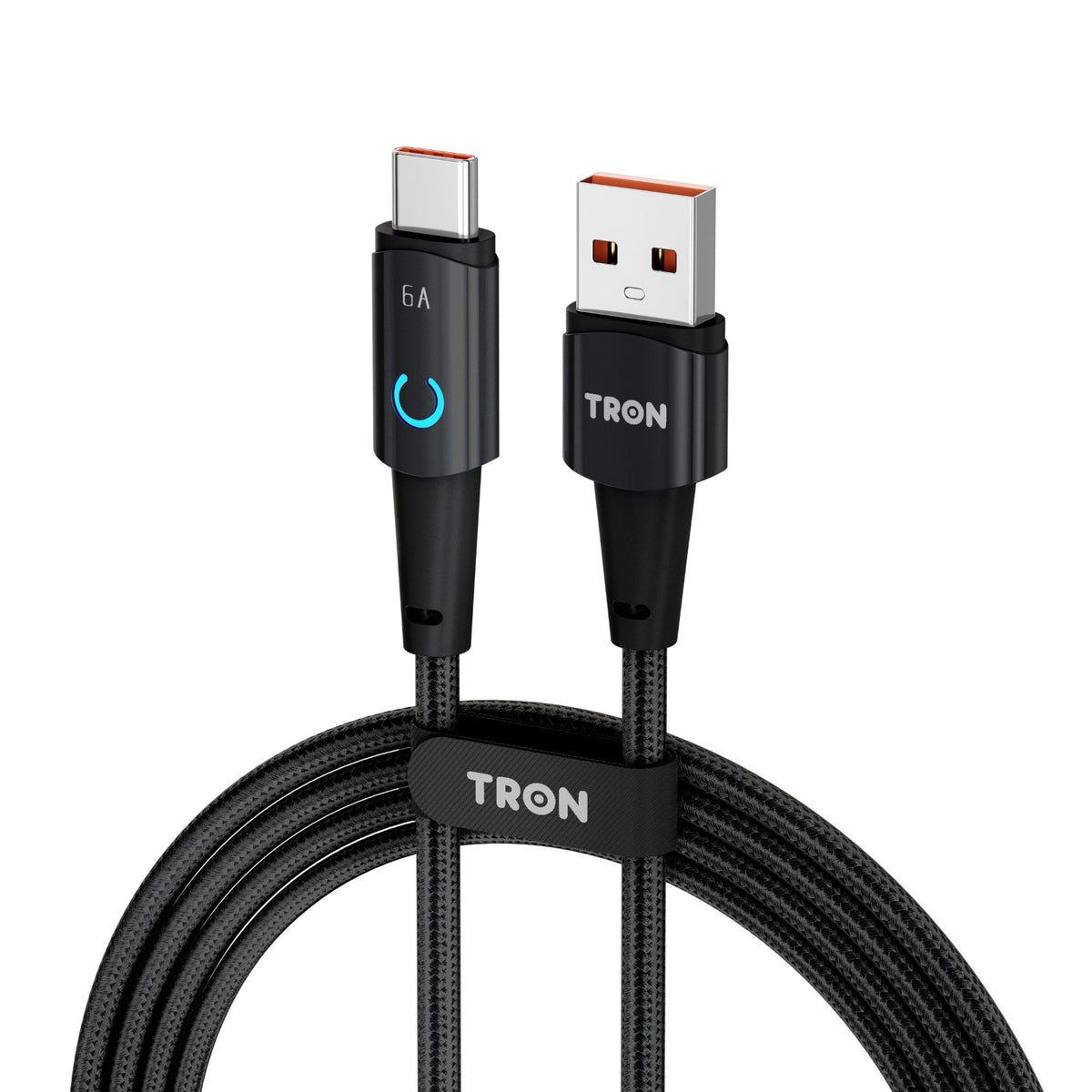 USB A to C Braided Charger Cable - Black & White, 6FT, with LED Light