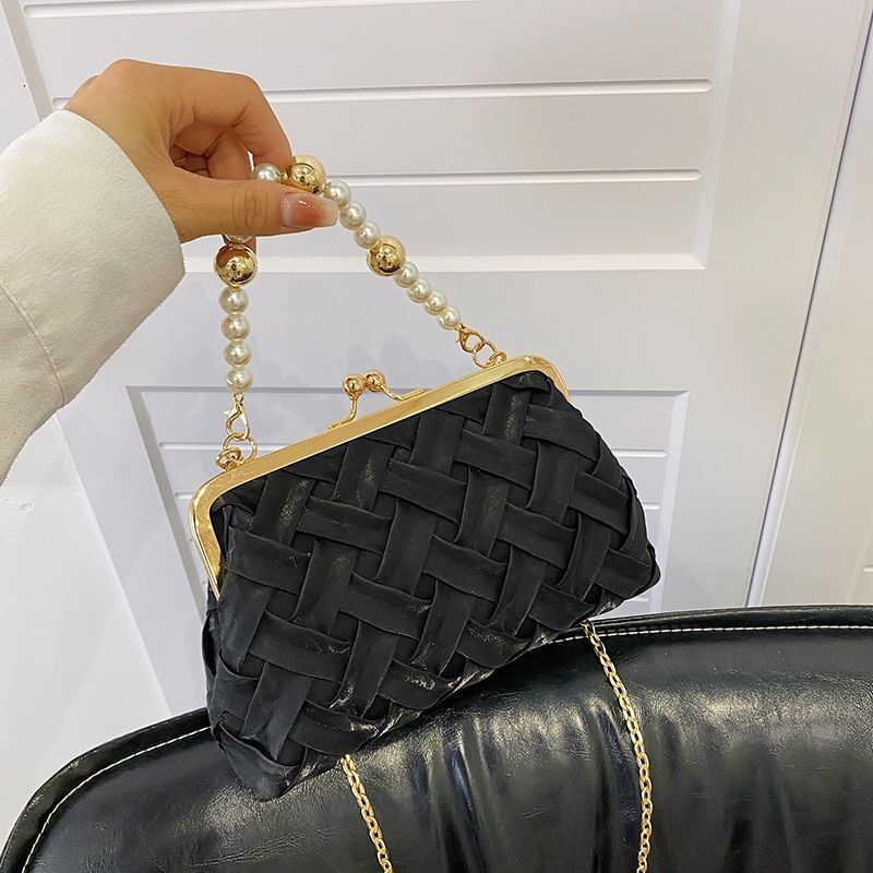 Luxury Shoulder Bag Fashion Pearl Chain Handbag Ribbon Weave Purse Crossbody Bag
