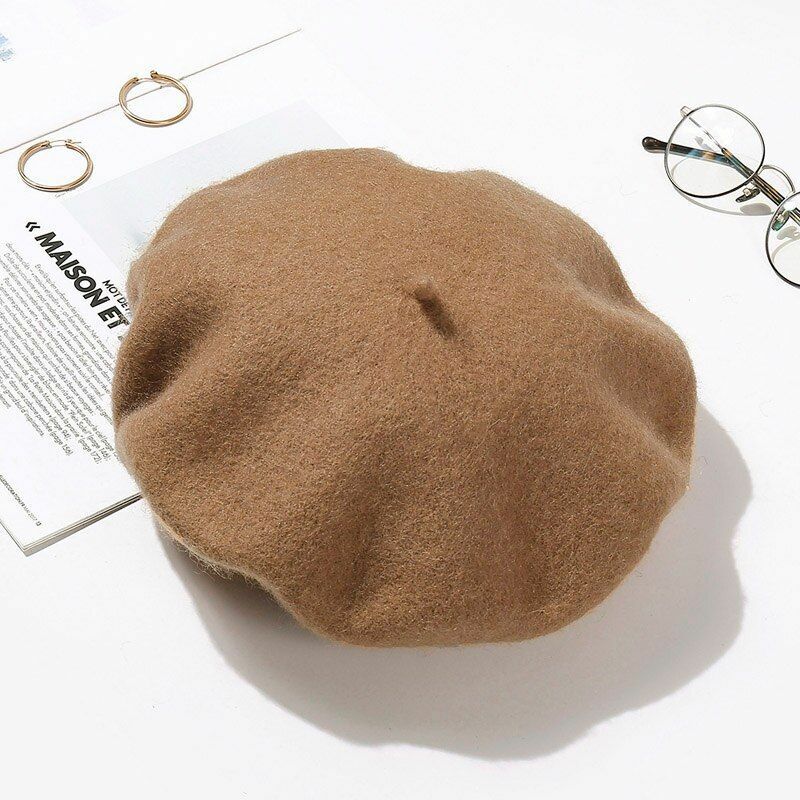Wool Beret Hats Women Pure Felt British Style Solid Color Slouchy Winter Female