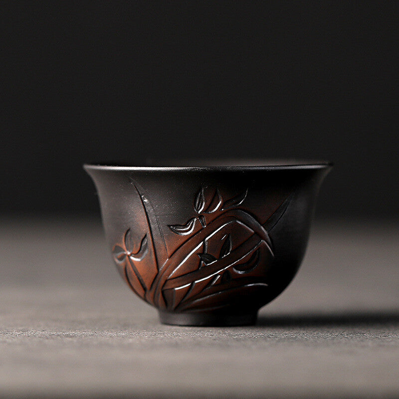 3.4oz Purple Pottery One Tea Cup Plum Orchid Bamboo Mum Carved Personal Cup New