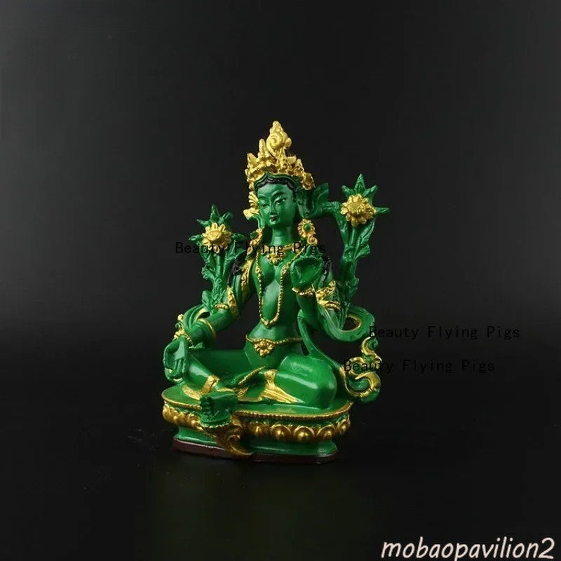 13.5cm Resin Handpainted Feng Shui Green Tara Bodhisattva Buddha Statue Ornament