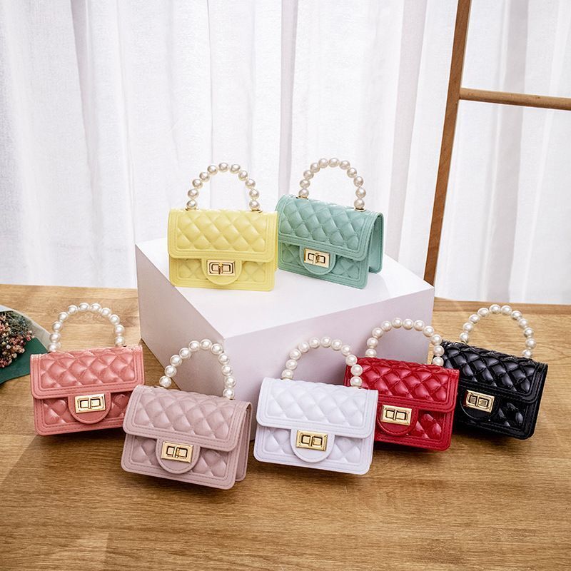 Women Bags Pearl Chain Pvc Mini Jelly Shoulder Bags Traveling Square Jelly Bag
