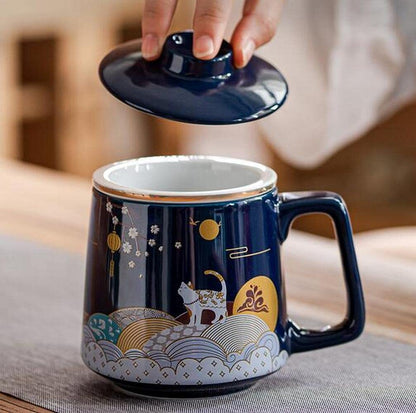 400ml Chinese Lucky Cat Office Tea Cup Ceramic Filter Tea Separation Mug Tea Set