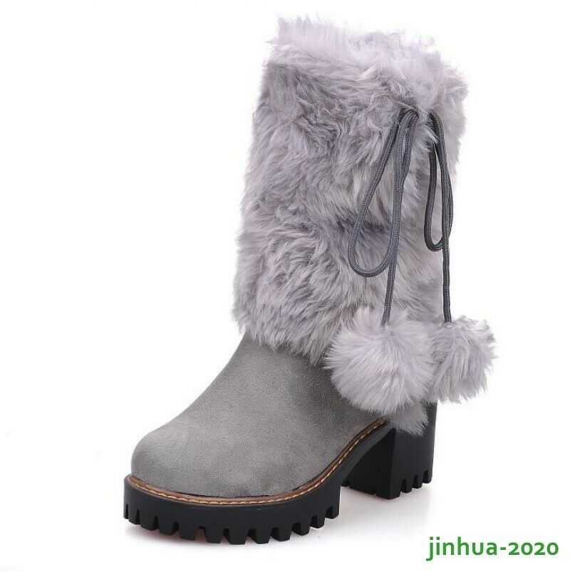 Winter Womens Girl Warm Fur POMPOM Snow Boots Block High Heels Shoes Ankle Boots