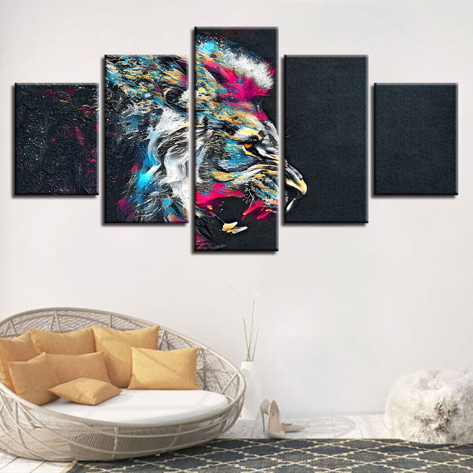 Psychedelic Angry Lion Animal Painting 5 Panel Canvas Print Wall Art Home Decor