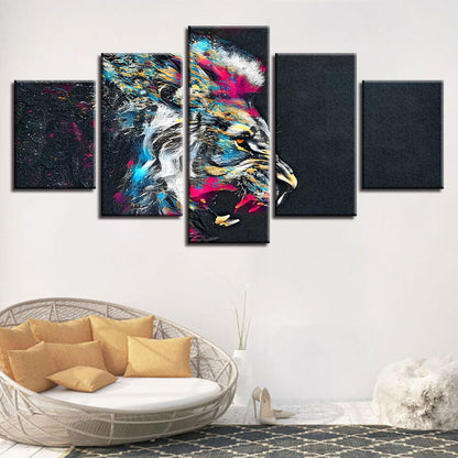 Psychedelic Angry Lion Animal Painting 5 Panel Canvas Print Wall Art Home Decor