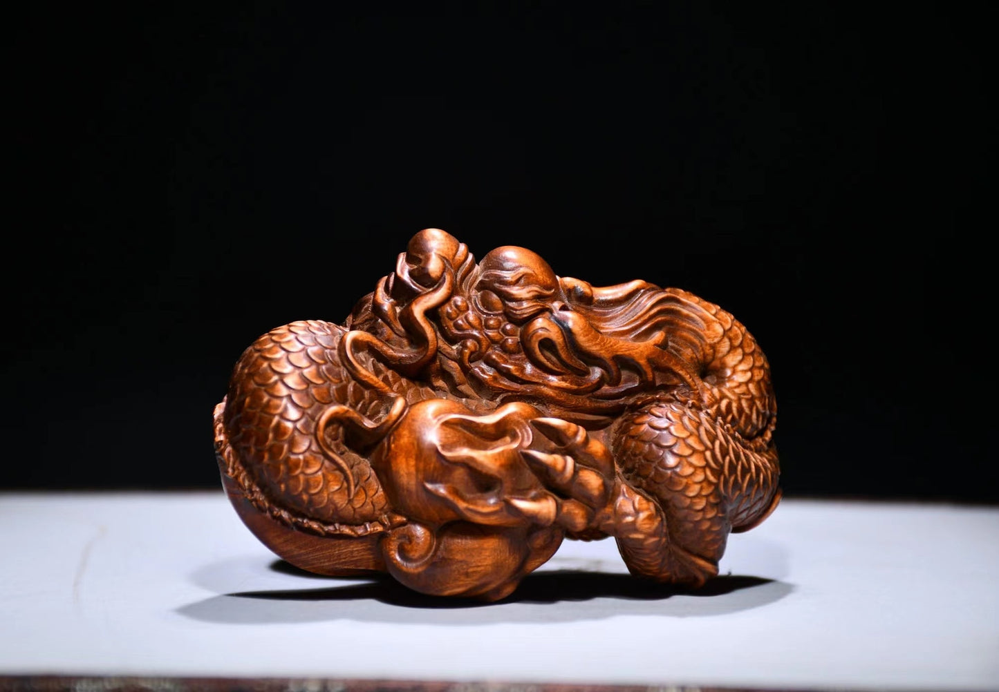 Chinese Collection Hand Carved Boxwood Wood Dragon Statue hand piece