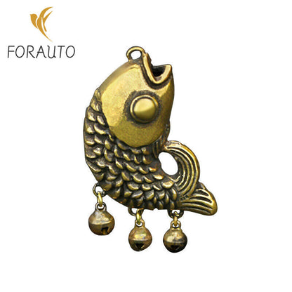 Brass Keychain Pendant Small Copper Fish with Bells Pendant Chinese Antique -