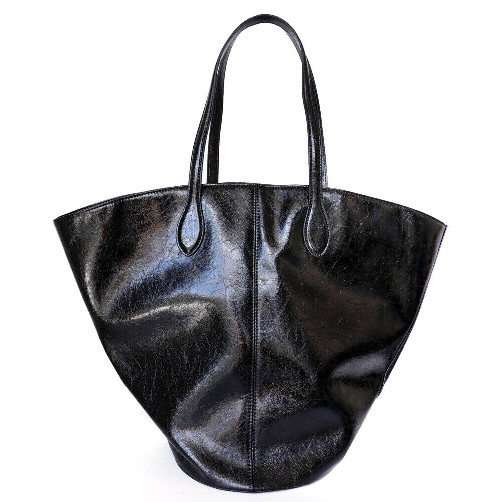 Large Shiny Soft Real Leather Waxed Tote Handbag Purse Shoulder Bag Shopper
