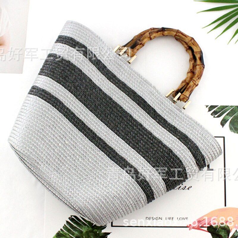Fashion Bag Shoulder Striped Straw Bamboo Handle Handbag Woven Bags Purse Hasp
