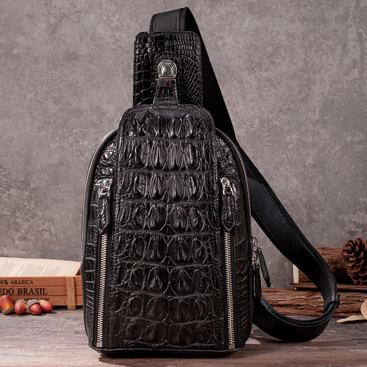 100% Crocodile Alligator Skin Leather Crossbody bag, Men's Luxury Sling Backpack