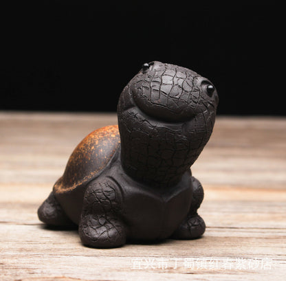 Chinese Yixing Zisha Black Mud Pottery Lovable Small Tortoise Tea Pet Statues