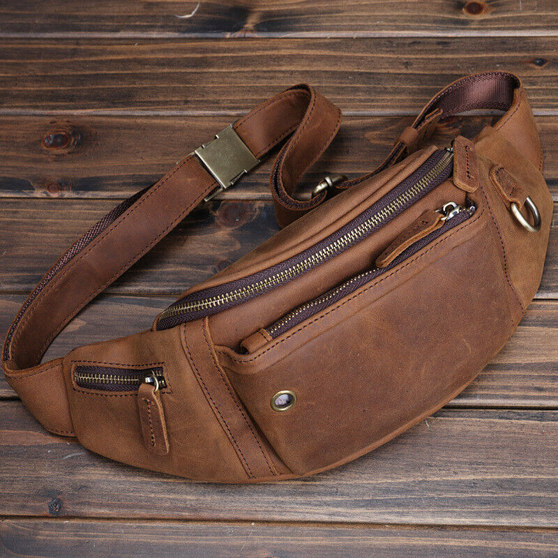Top Cowhide Leather Waist Bag, Men's Sling Crossbody Bag Sports Travel Bags