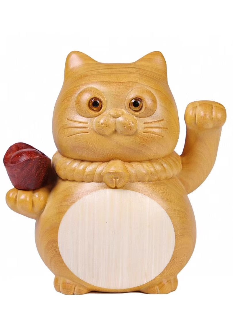 Boxwood Cat Statue Lucky Ingot Money Figure Handcraft Feng Shui Table Decor