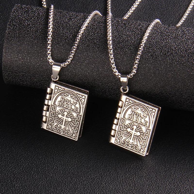 Vintage Silver Cross Bible Book Pendant Necklace Unique Jewelry For Men Women