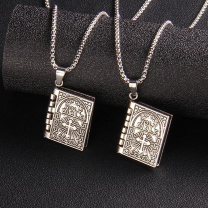 Vintage Silver Cross Bible Book Pendant Necklace Unique Jewelry For Men Women